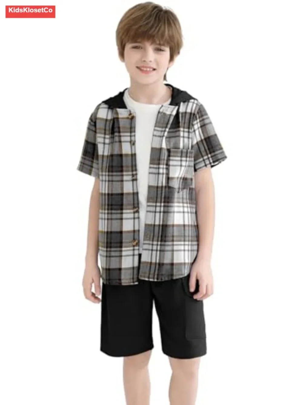 Boys 2-Piece Hooded Button Shirt & Jogger Shorts Set